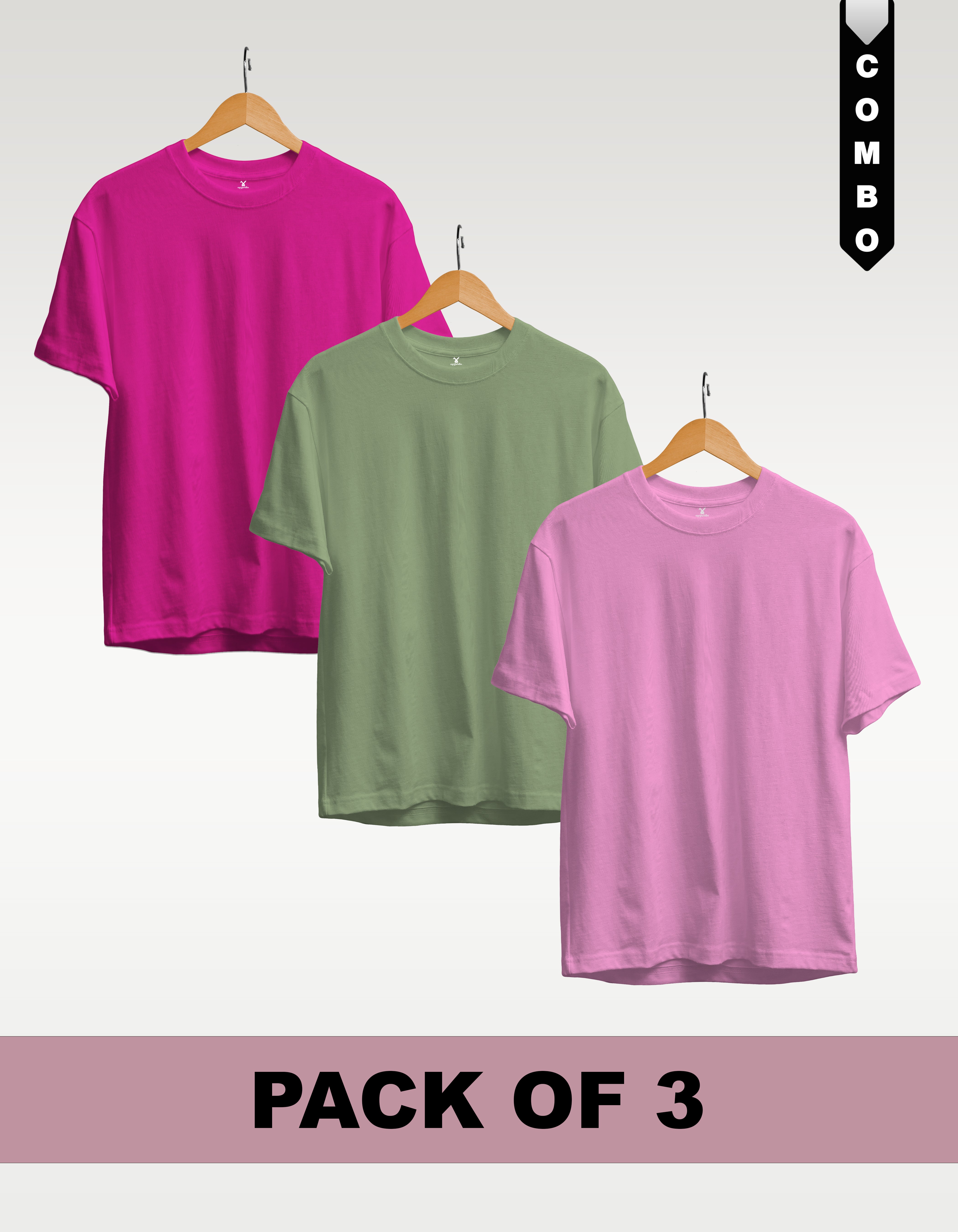 Regular T-Shirt Combo Pack of 3 -Fuchsia | Sage Green | Baby Pink