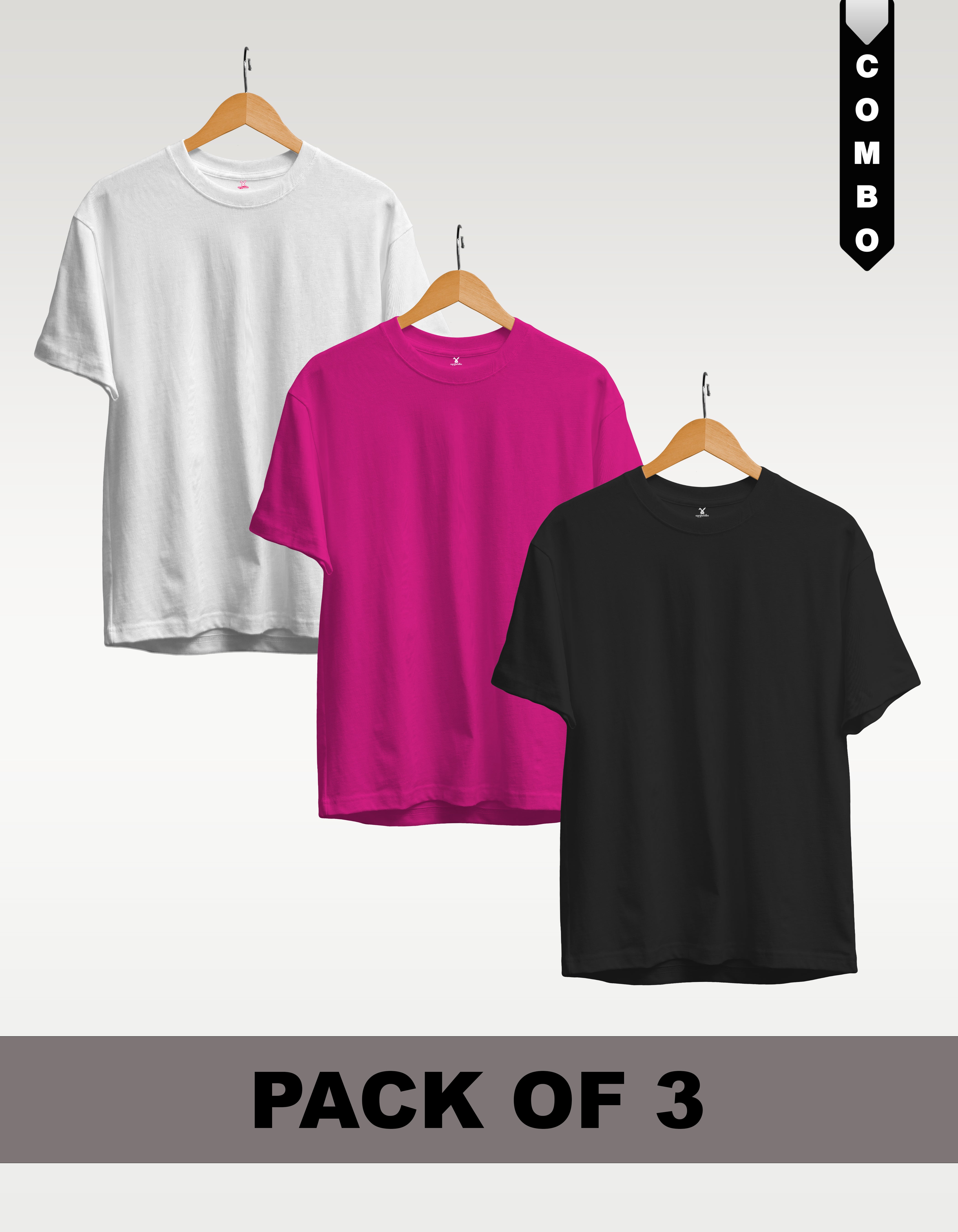 Regular T-Shirt Combo Pack of 3 -White|Fuchsia|Black