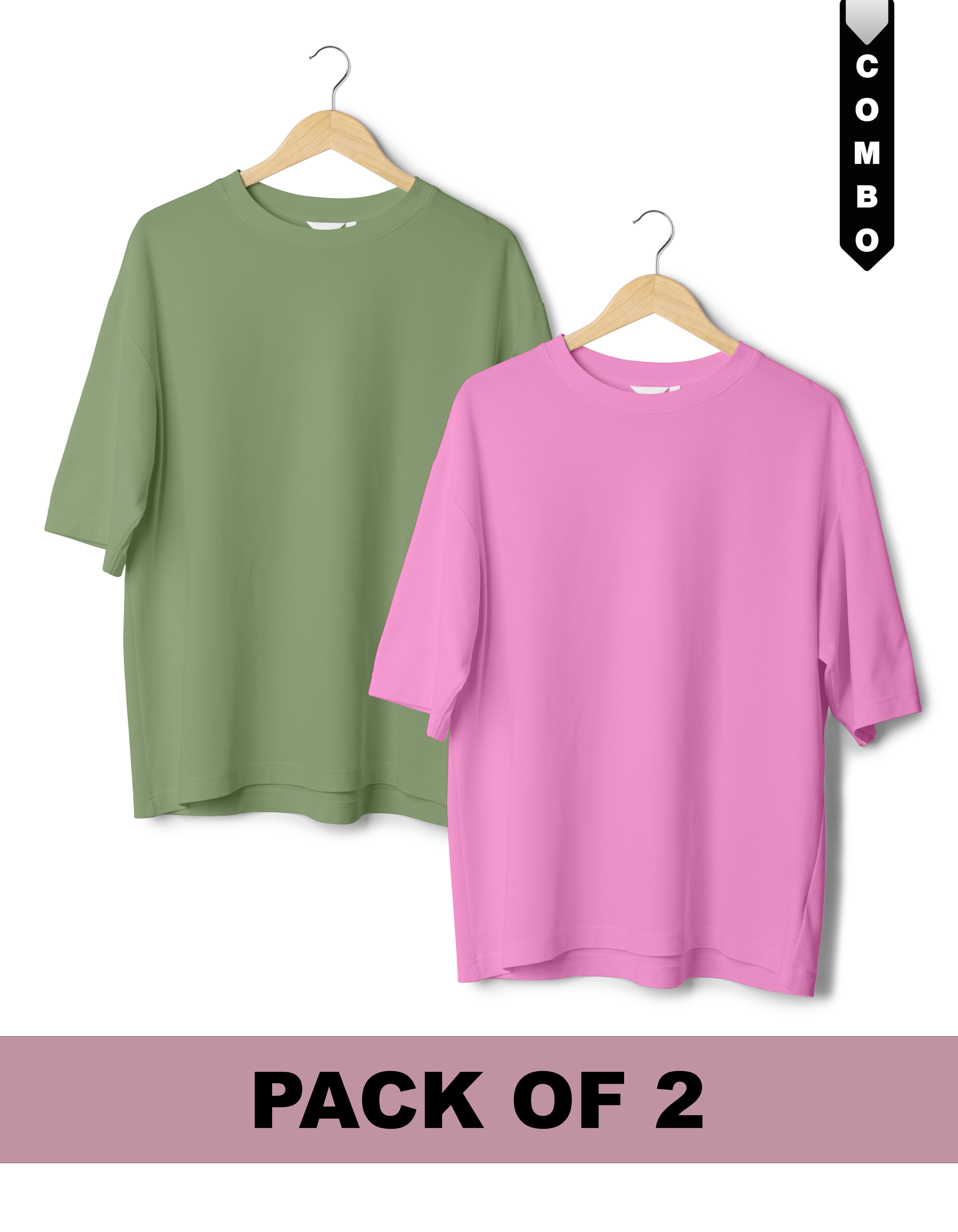 Oversized T-Shirt Combo Pack of 2 - Sage Green & Baby Pink