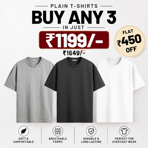 Solids/Plain - Unisex Regular T-Shirts Combo 3