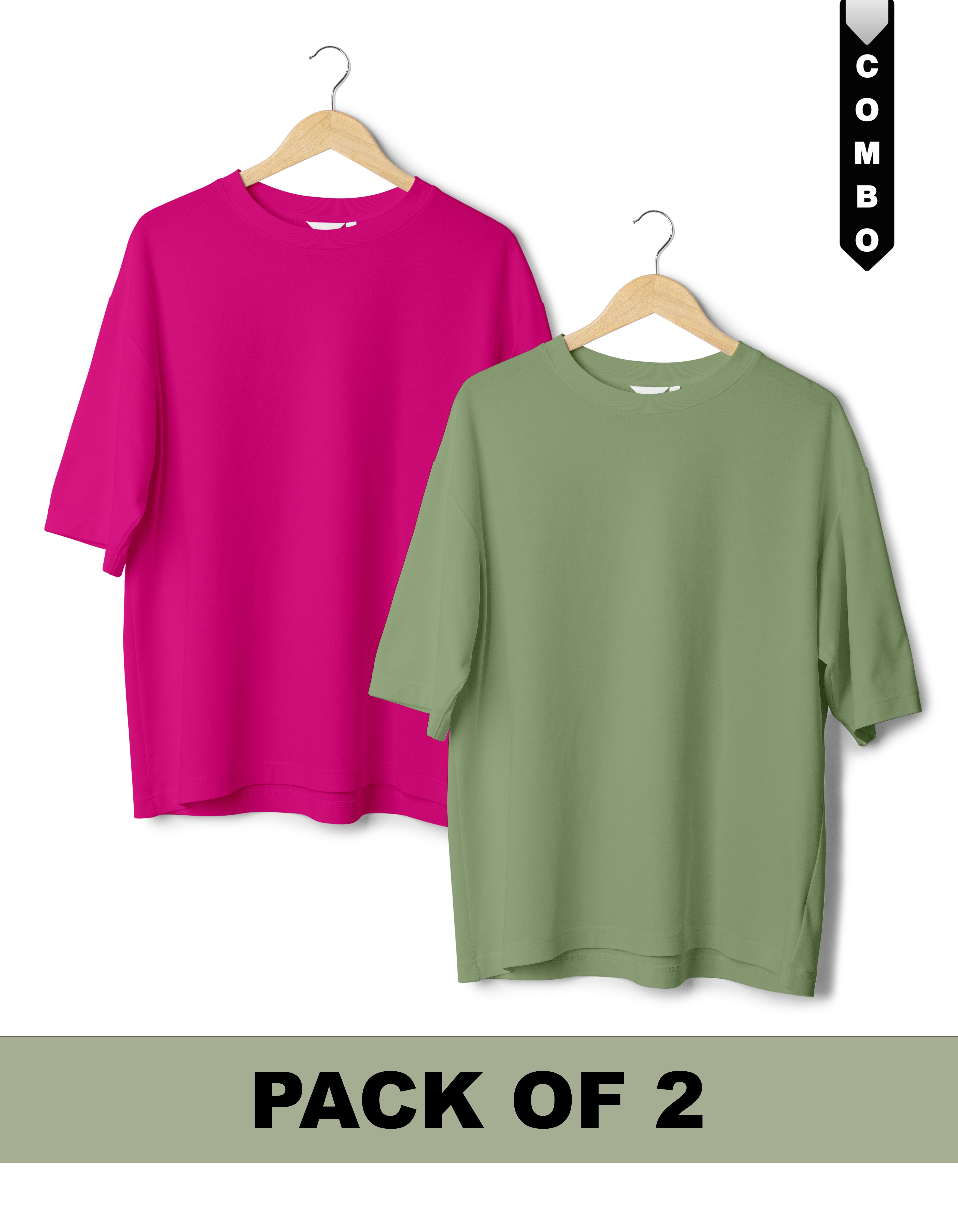 Oversized T-Shirt Combo Pack of 2 - Fuchsia & Sage Green