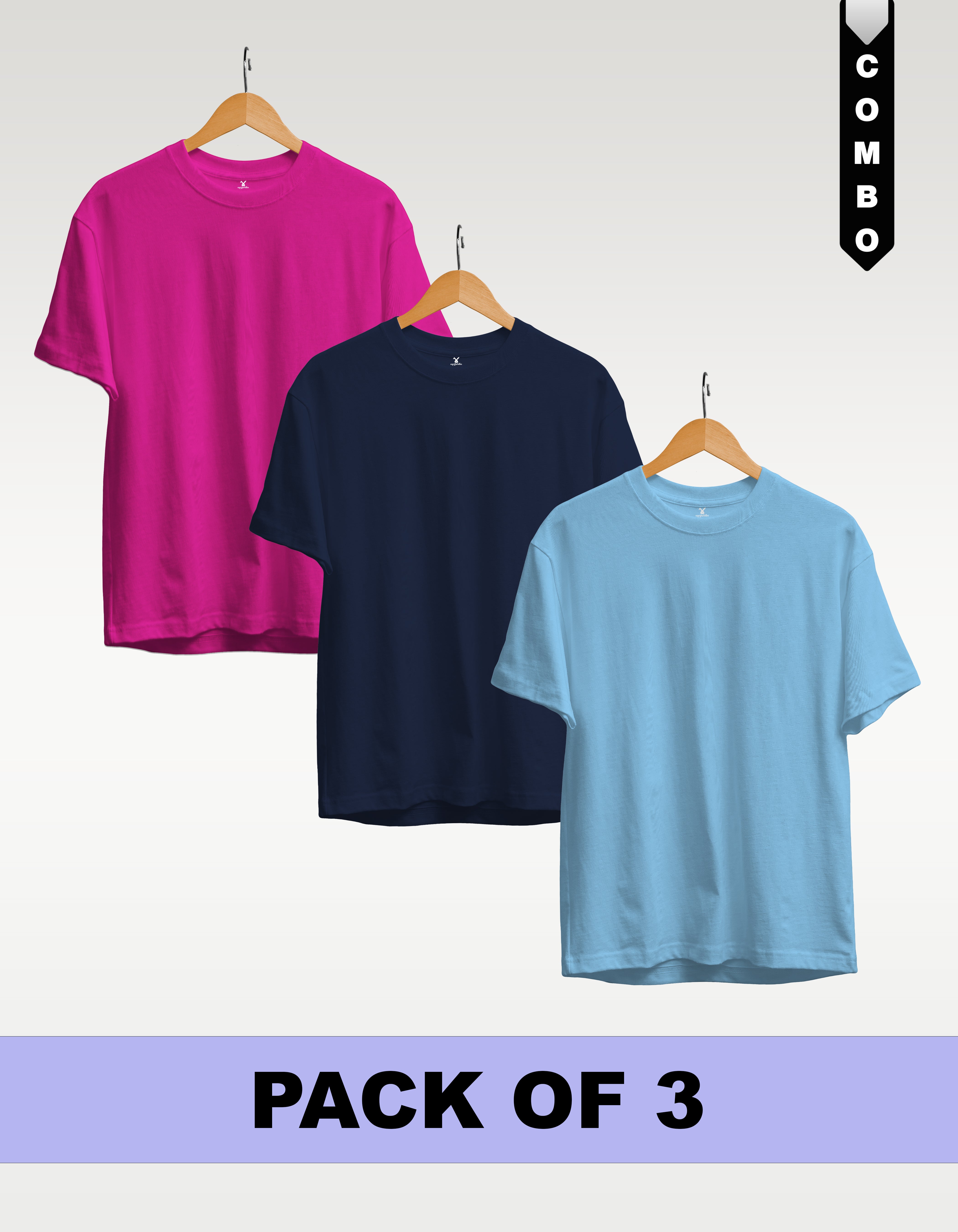Regular T-Shirt Combo Pack of 3 -Fuchsia| Navy Blue| Sky Blue