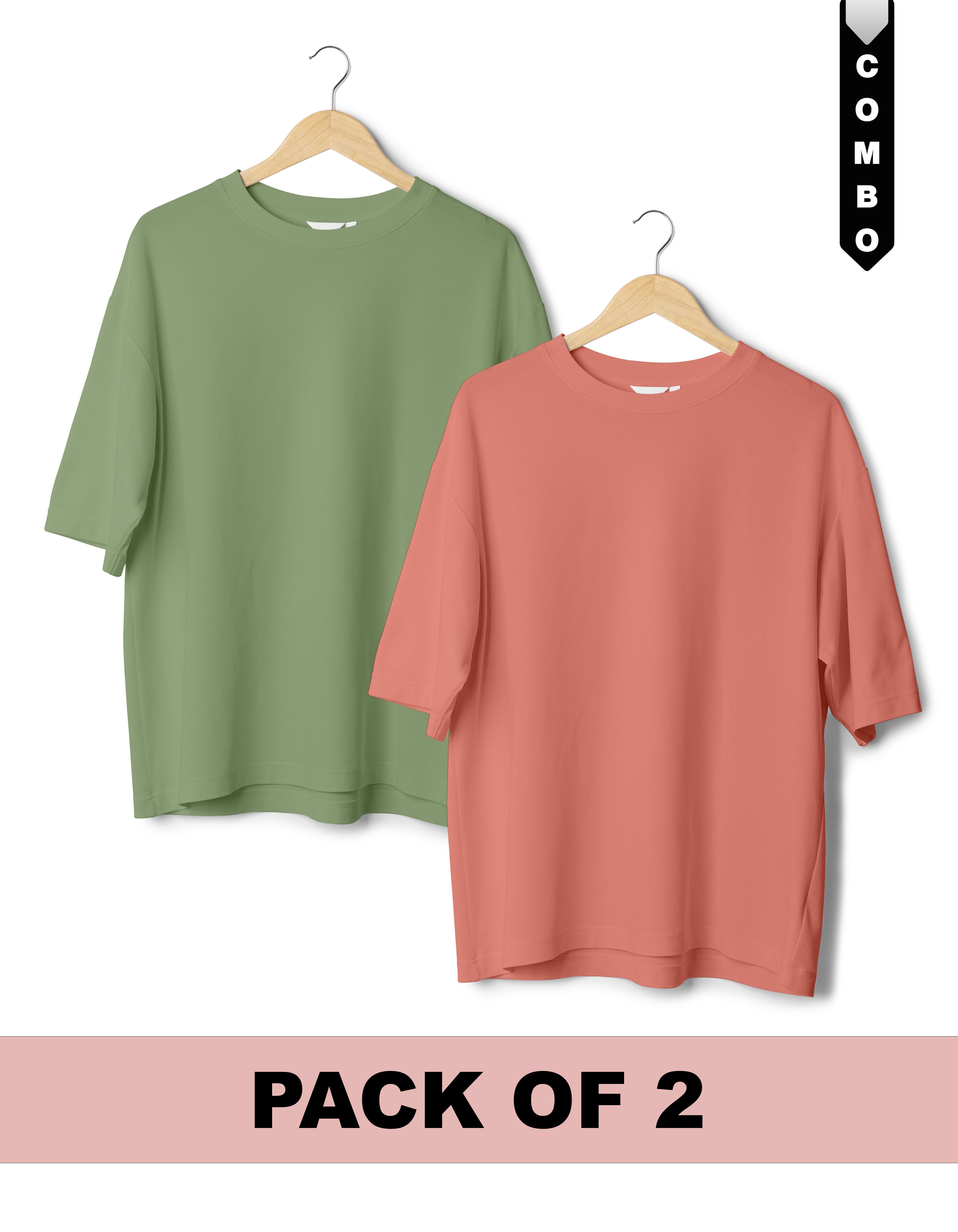 Oversized T-Shirt Combo Pack of 2 - Sage Green & Salmon Pink