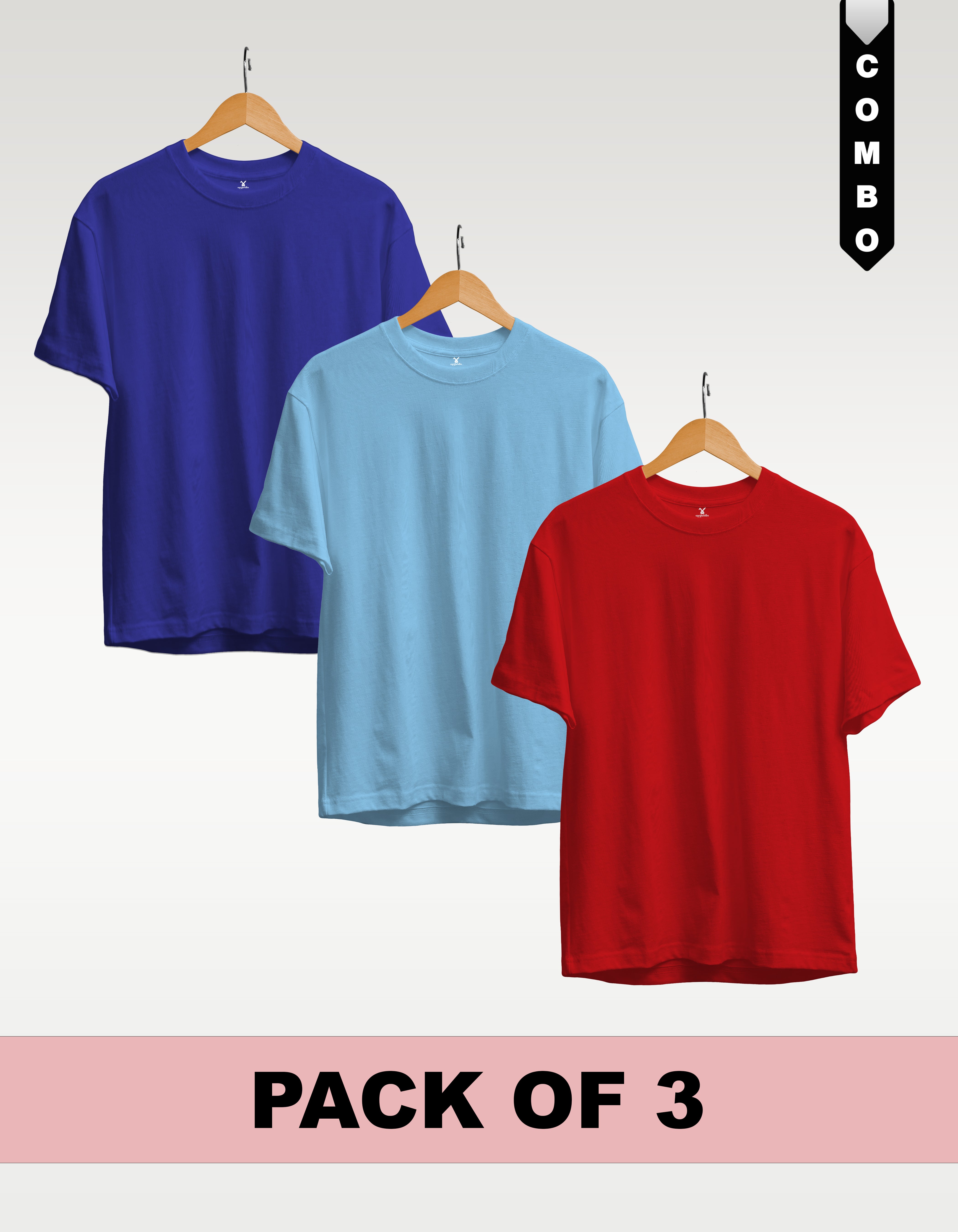Regular T-Shirt Combo Pack of 3 -Royal Blue|Sky Blue|Red