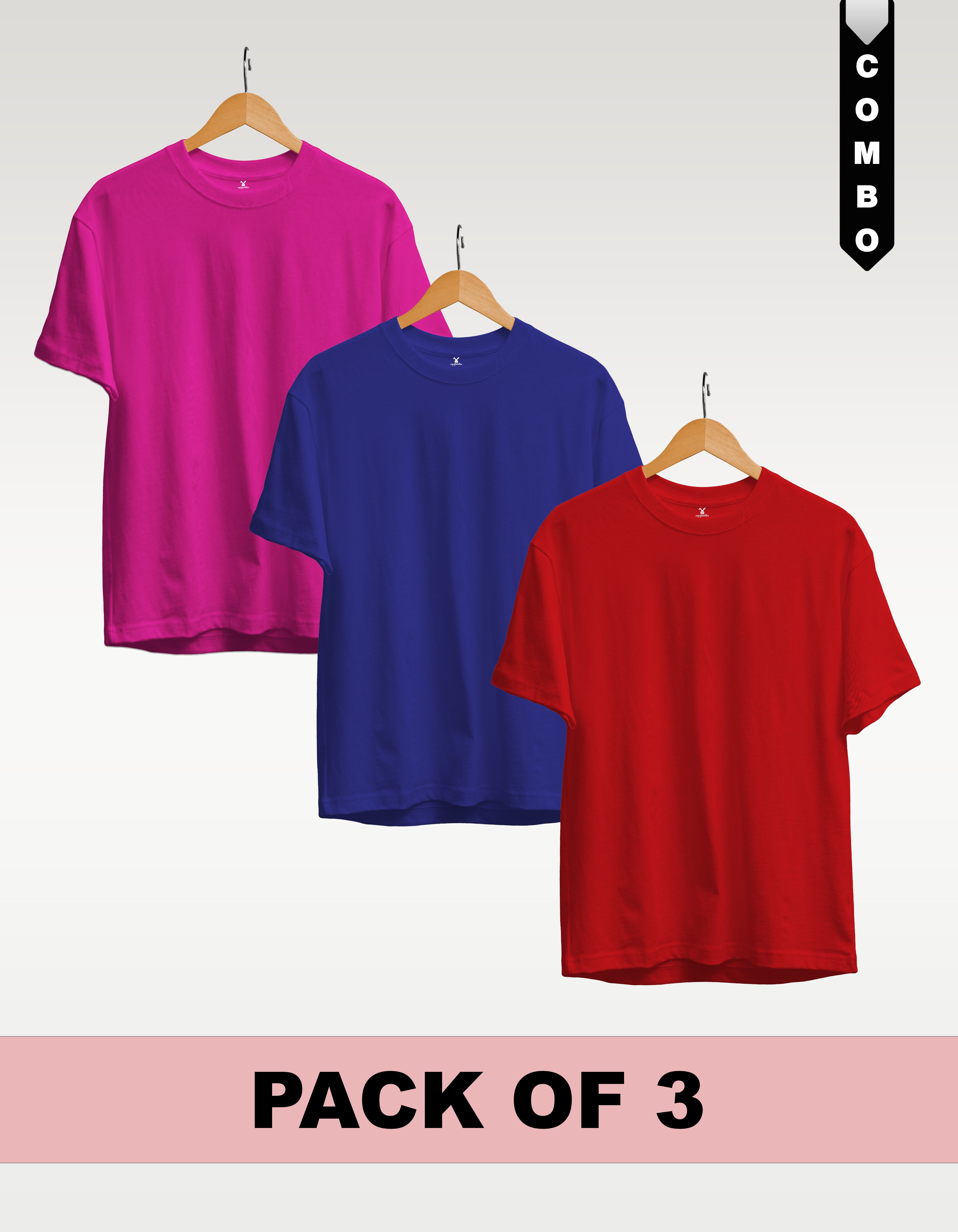 Regular T-Shirt Combo Pack of 3 -Fuchsia|Royal Blue|Red