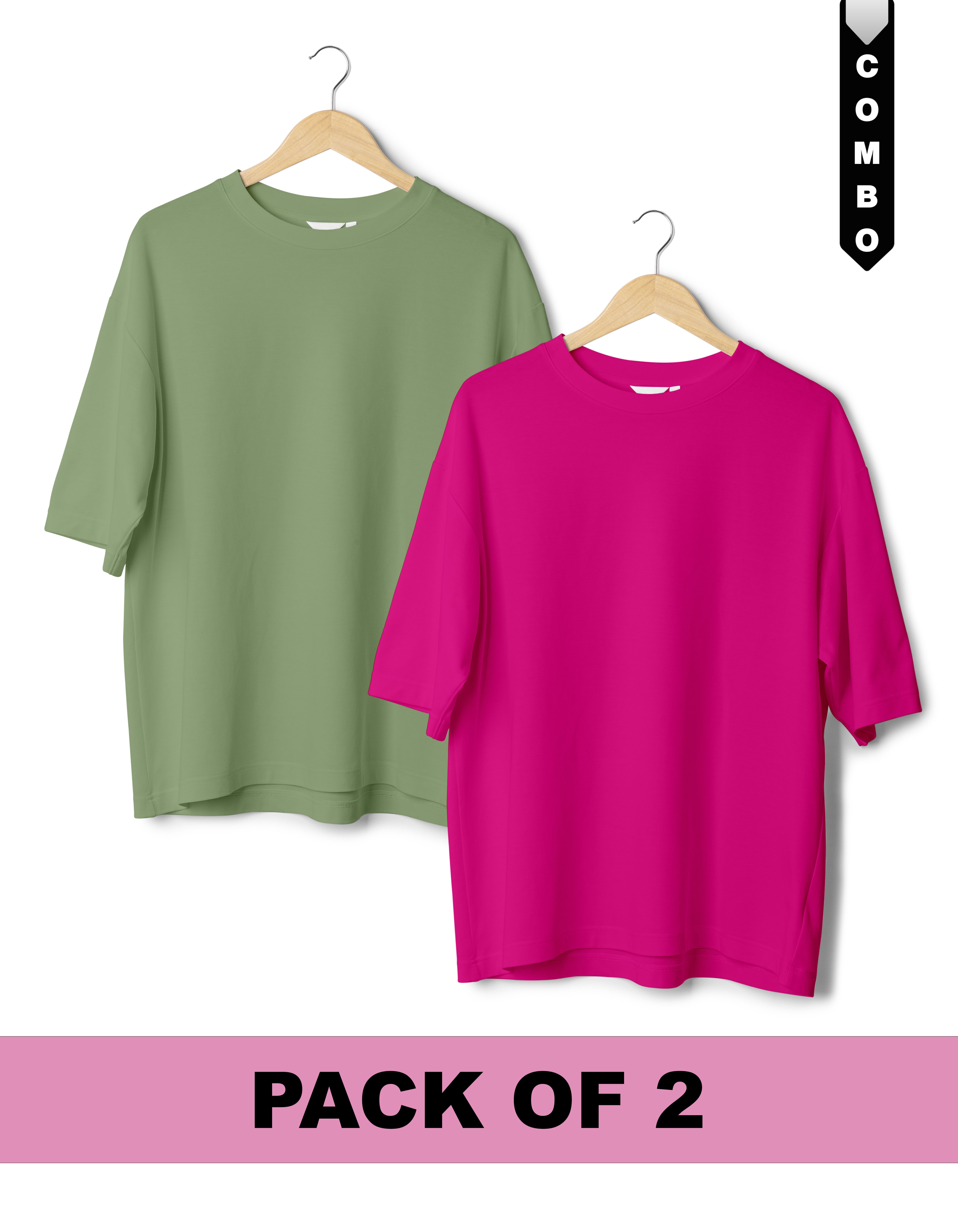Oversized T-Shirt Combo Pack of 2 - Sage Green & Fuchisa