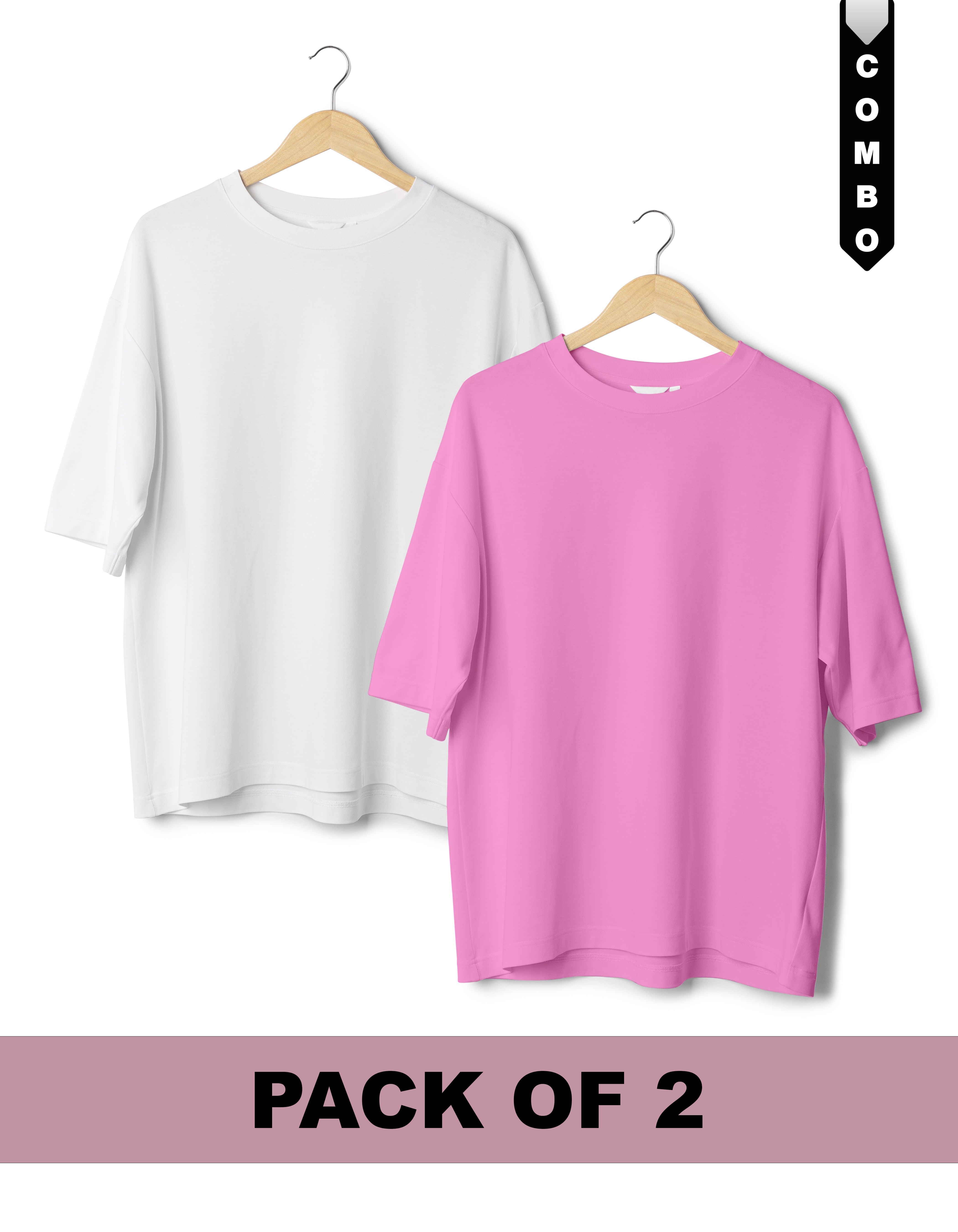 Oversized T-Shirt Combo Pack of 2 - White &  Baby Pink