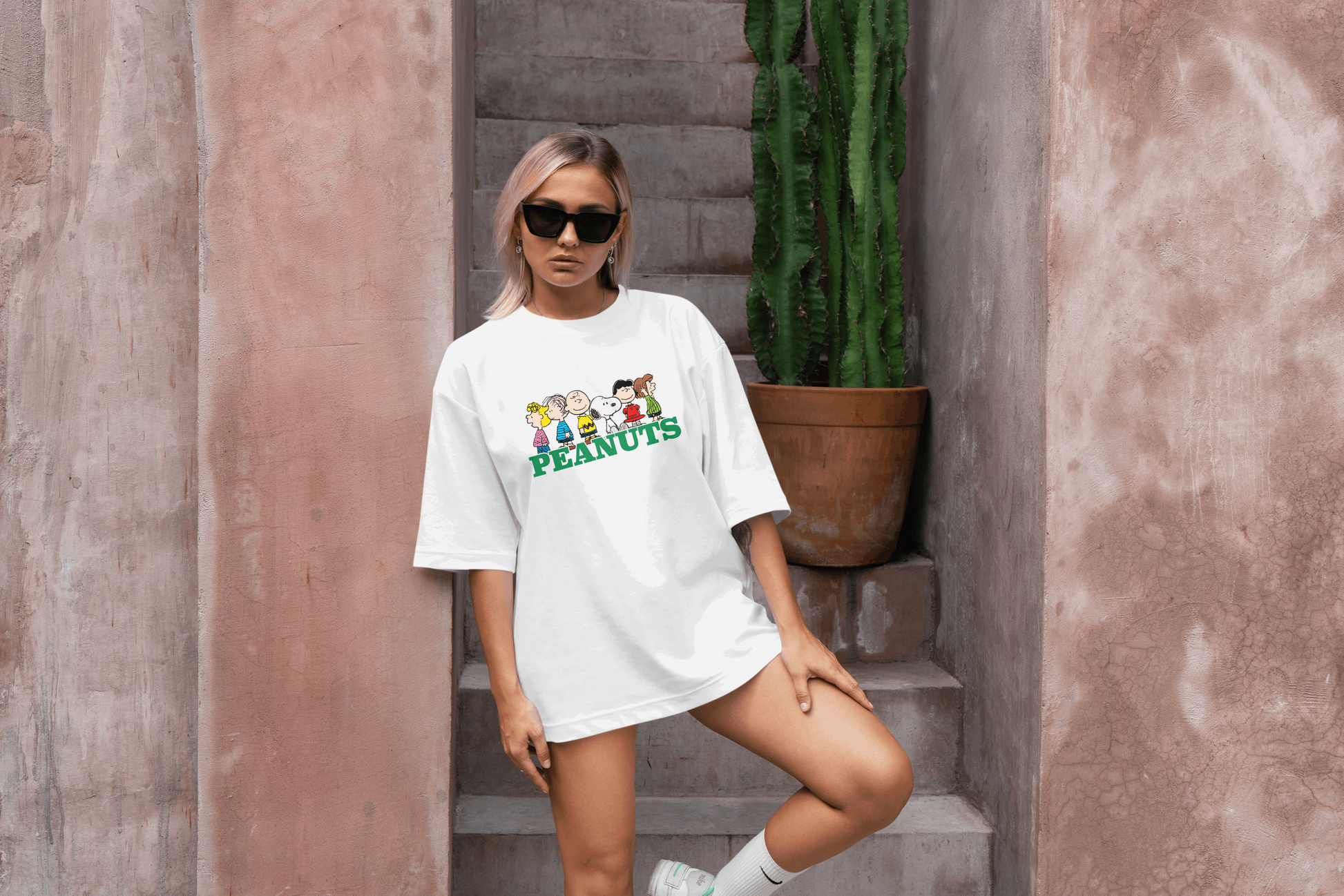 Peanuts: Women White Oversized Half Sleeved T-shirt - Giant Panda Store