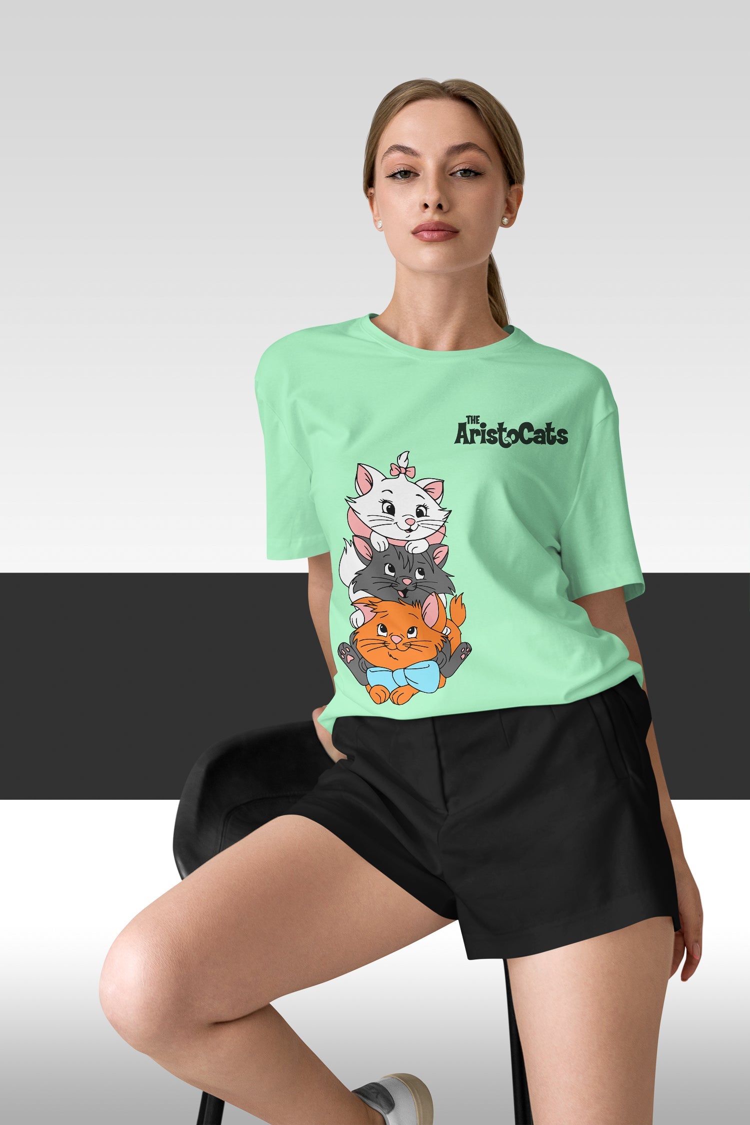 The Aristocats : Women Mint Green Regular Fit Half Sleeved T-shirt