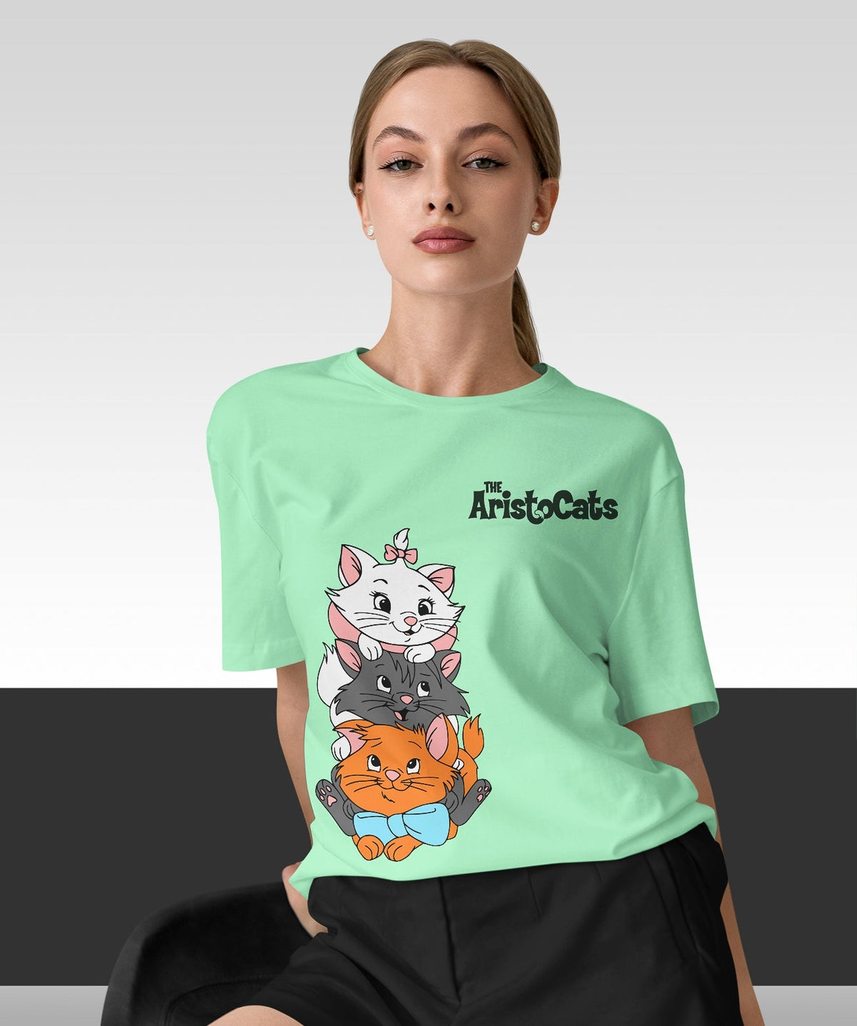 The Aristocats : Women Sky Blue Regular Fit Half Sleeved T-shirt
