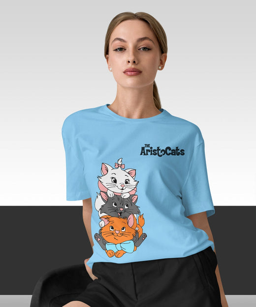 The Aristocats : Women Sky Blue Regular Fit Half Sleeved T-shirt