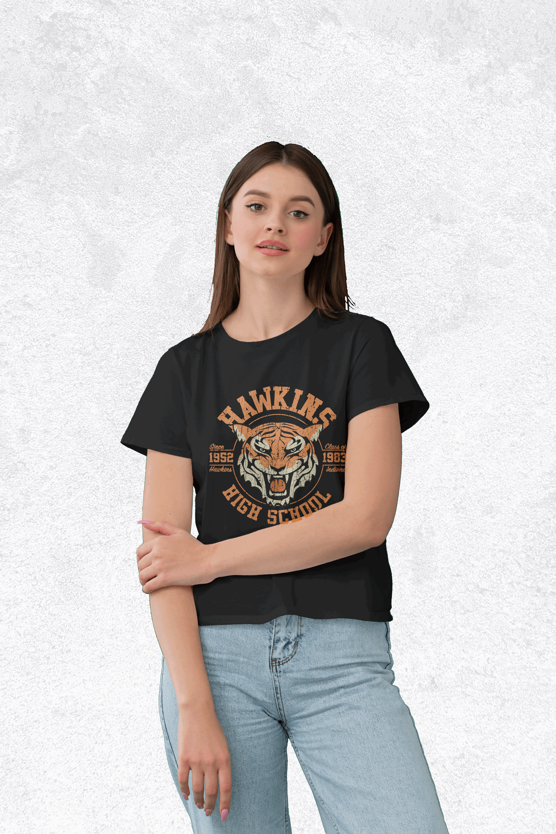 Hawkins - Stranger Things : Women Black Regular Fit Half Sleeved T-shirt