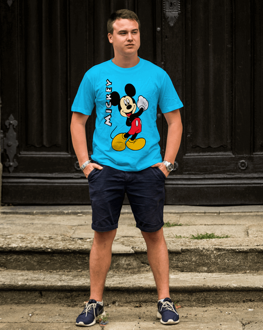 Mickey Mouse : Men Sky Blue Regular Fit Half Sleeved T-shirt