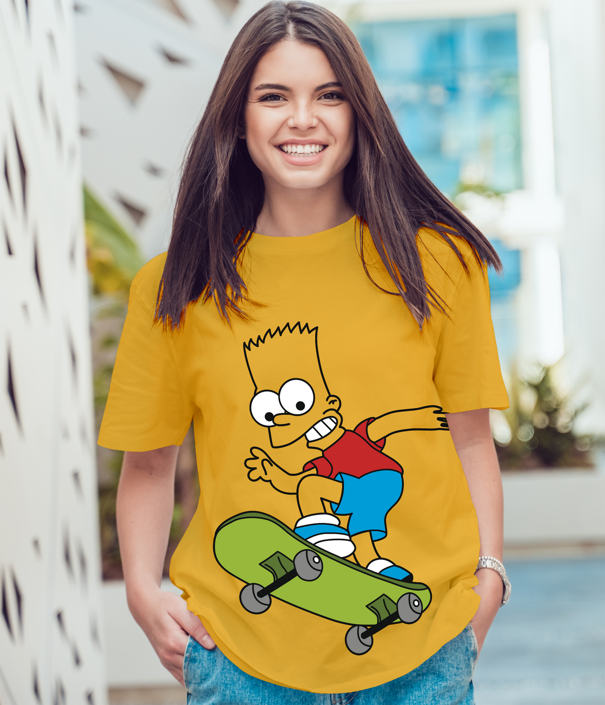 The Simpsons : Women Mustard Yellow Regular Fit Half Sleeved T-shirt