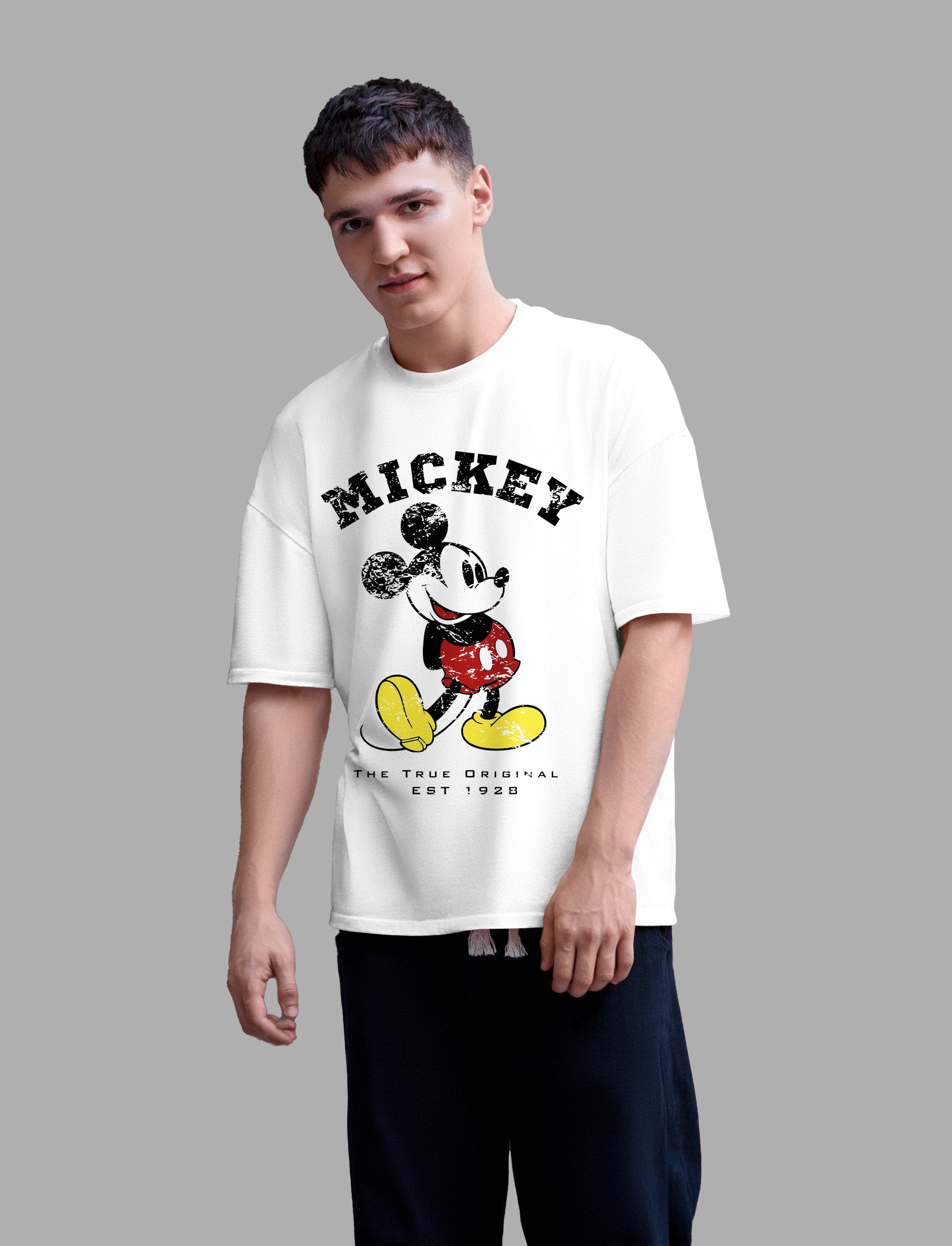 Mickey Mouse: Men White Oversized Half Sleeved T-shirt
