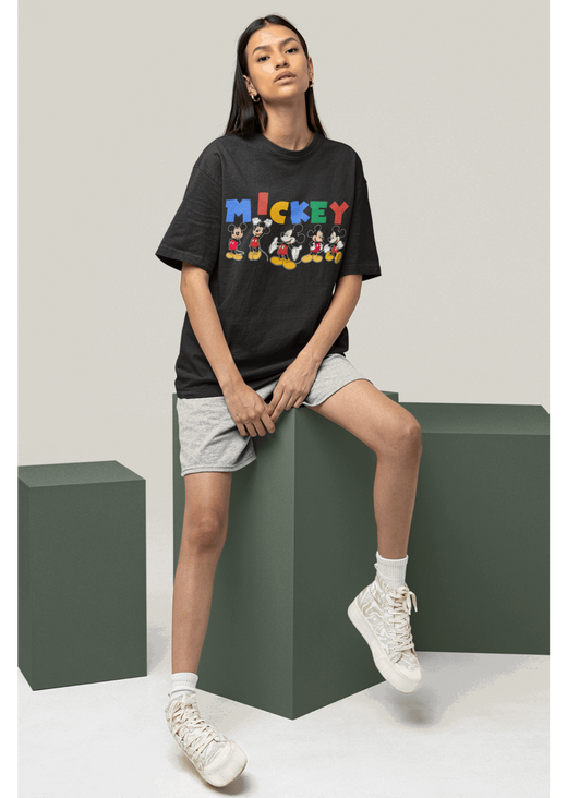 Mickey Mouse: Women Black Oversized Half Sleeved T-shirt