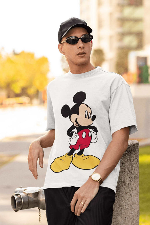 Mickey Mouse: Men White Oversized Half Sleeved T-shirt