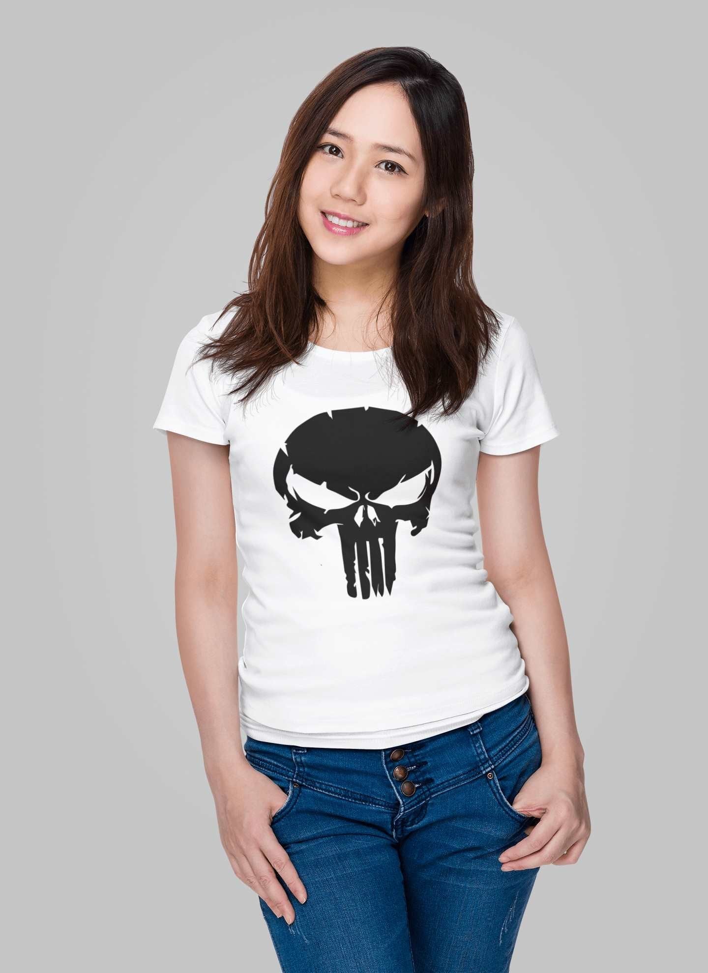 Punisher: Women White Regular Fit Half Sleeved T-shirt