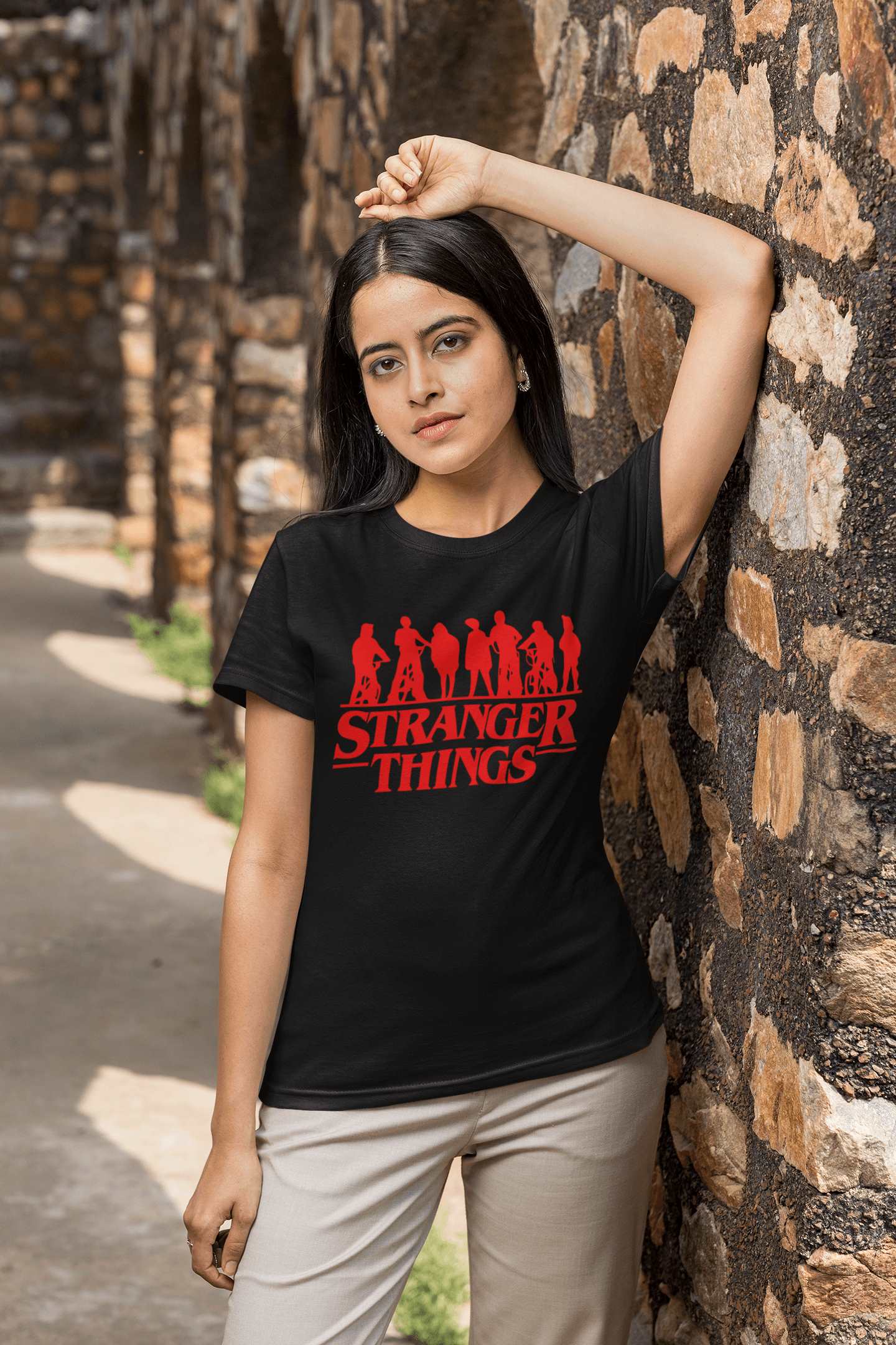 Stranger Things Women Black Regular Fit Half Sleeved T-shirt - Giant Pandaa Store