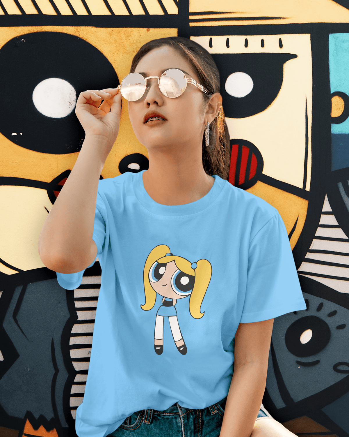 The Powerpuff Girls: Blossom - Women Sky Blue Regular Fit Half Sleeved T-shirt
