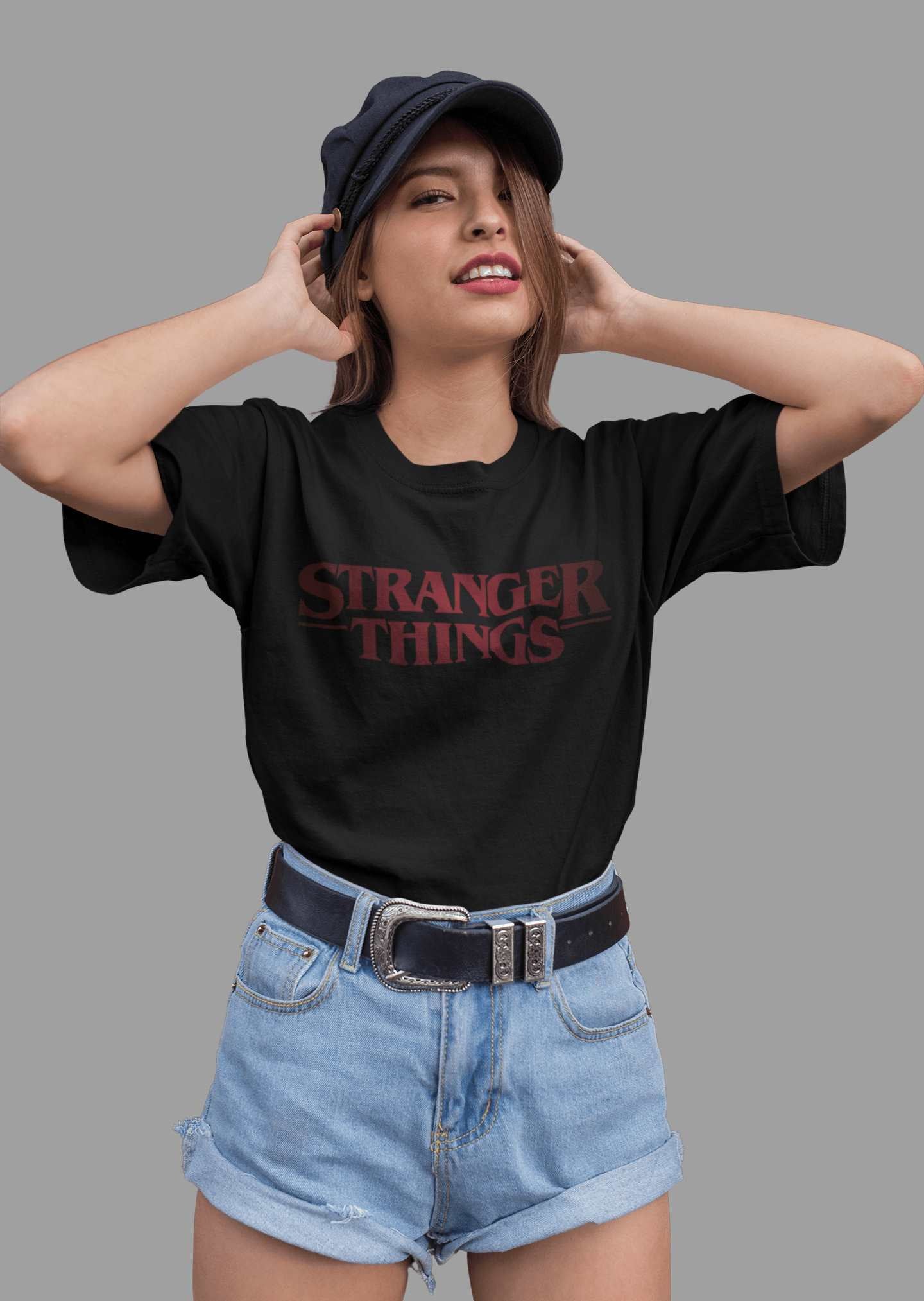 Stranger Things Women Black Regular Fit Half Sleeved T-shirt - Giant Pandaa Store