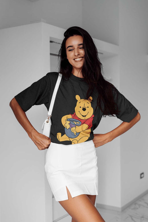 Winnie the Pooh: Women Black Regular Fit Half Sleeved T-shirt